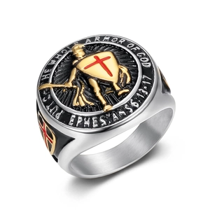Men's gold plated stainless steel signet ring with red cross shield and bible verse