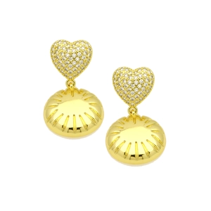 Detail of gold earrings featuring heart-shaped zircon studs and sunburst disc pendants