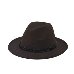 Detail of dark brown wool fedora hat featuring a chunky black fashion chain decoration