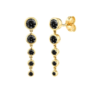 Macro view of gold stud earrings featuring five graduated round black cubic zirconia stones
