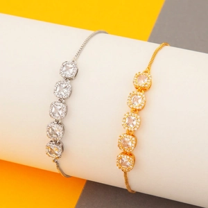 Copper Gold Plated Adjustable Bracelet With Square Cubic Zirconia Halo Stones Minimalist Elegant Jewelry For Women