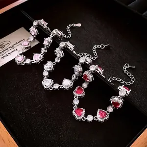 Elegant S925 silver heart bracelet with colorful zircon stones in pink, white and red