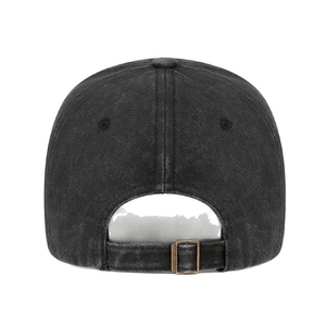 Rear view of vintage washed black cotton baseball cap with adjustable metal buckle