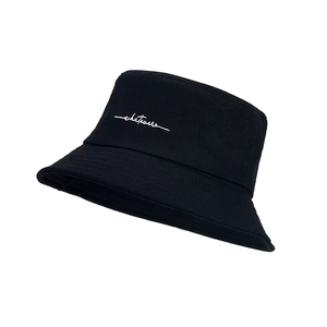 Fashionable black cotton bucket hat featuring white 'whatever' script embroidery for sun protection