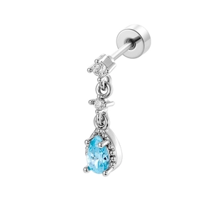 Silver micro-pave zircon stud earring with blue teardrop pendant and crystal accents