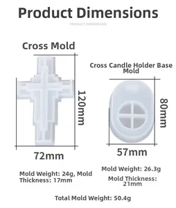 Detailed size specifications for cross-shaped silicone resin and candle holder molds