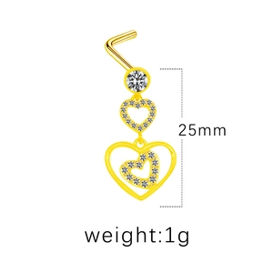 Détails d'un piercing de nez cœur doré avec pendentifs en zircon et dimensions