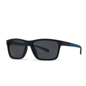Classic polarized men's sport sunglasses with black frames and blue textured arms on white