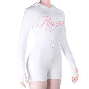 Detail of white hooded romper featuring thumb holes and pink Angel print on chest