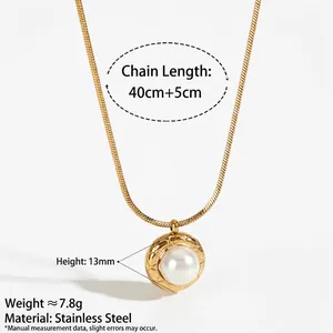 Golden stainless steel snake chain necklace with a 13mm textured pearl pendant charm