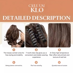 Short wavy brown ponytail extension with adjustable 7-claw clip in high-temperature fiber