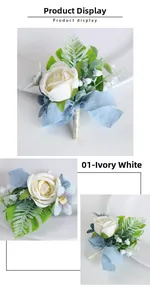 Ivory white artificial rose boutonniere with blue silk ribbon and green fern leaves detail