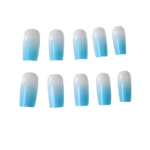 Glossy blue and white gradient long square press-on nails set on a clean white background