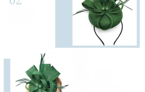 Detail of green fascinator headband featuring linen bow and elegant feather accents