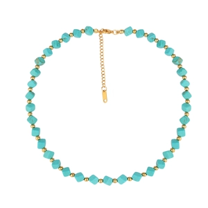 Handmade turquoise beaded necklace with golden accents and stainless steel lobster clasp