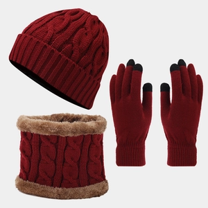 Winter cable knit set featuring a burgundy beanie hat, fleece lined snood, and touchscreen gloves