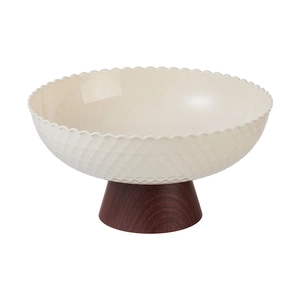 Modern wavy fruit bowl in cream white with walnut wood-textured high pedestal base