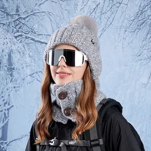 Winter Knitted Beanie Hat And Neck Warmer Acrylic Plush Lined Warm Windproof Outdoor Riding Skiing For Women