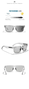 Detail view of photochromic polarized sunglasses with transparent grey frame and anti-slip legs