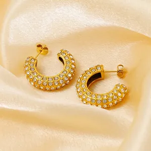 Chic gold-plated C-shaped stainless steel earrings featuring multi-row crystal pavé