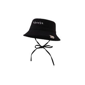 Kids black cotton bucket hat with white RANHSR embroidery and adjustable chin strap