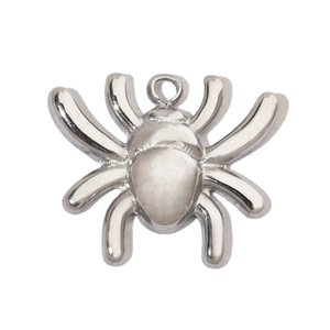 Detailed view of a spider-shaped silver stainless steel pendant with a metal ring