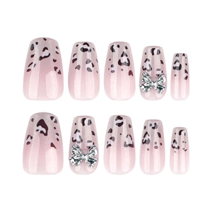 French leopard gradient coffin nails with silver glitter and 3D metal bows