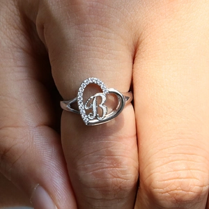 Silver hollow heart-shaped ring with zircon frame and cursive letter B for women