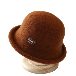 Elegant brown wool felt cloche hat with round top and minimalist BRUHT label for women