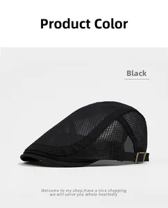 Detail view of breathable black mesh cap showing side metal buckle and polyester texture