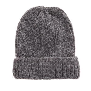 Solid color dark grey chenille knitted beanie hat for women warm winter headwear