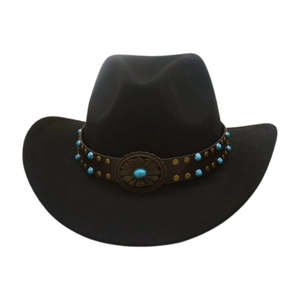 Cappello da cowboy western vintage in feltro nero con cinturino in pelle e turchesi