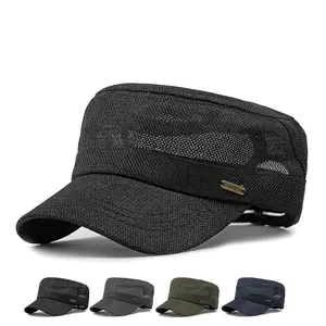 Flat top breathable mesh army cap for men in black grey green and navy blue colors