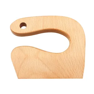 U-shaped beech wood kitchen toy knife for kids featuring a natural wood grain finish