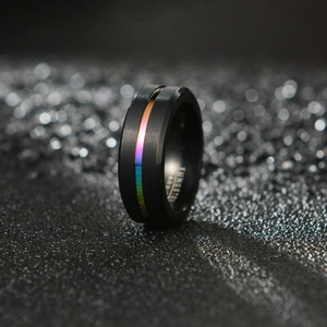 8mm black tungsten carbide men's wedding ring with brushed finish and rainbow center groove