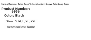 Size chart showing S to XXL for retro V-neck lantern sleeve printed long dress in black