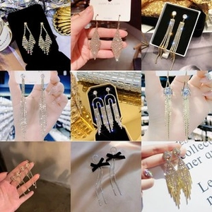 Detailed selection of elegant long tassel earrings with sparkling rhinestones and bows