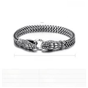 Detailed specs of stainless steel double-headed snake bracelet with 210mm length and 8mm width