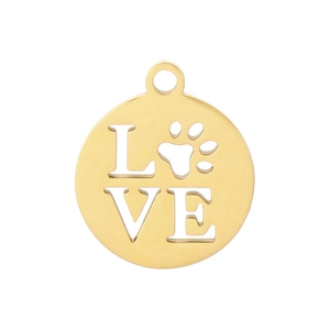 Gold stainless steel LOVE hollow pendant with paw print design and round metal charm