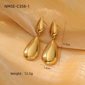 Elegant gold lotus teardrop earrings in polished stainless steel with size measurements