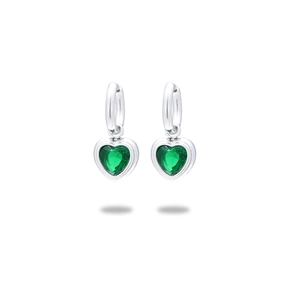 Polished silver heart drop earrings with vibrant green gemstones on a white background