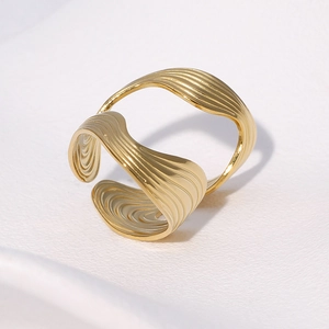 Irregular textured gold wavy open ring made of high-quality stainless steel for women