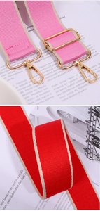 Gros plan sur les bandoulières réglables en toile rose et rouge avec crochets dorés