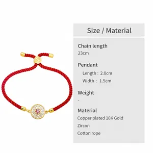Detail of red woven couple bracelet with star-shaped zircon gold pendant and measurements