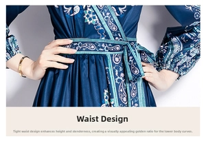 Detail view of ethnic paisley print dress with adjustable waist tie and elastic cuffs