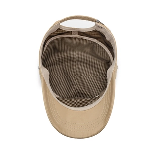 Khaki flat top cadet cap with breathable black mesh lining and adjustable metal buckle