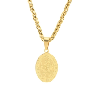 Detail of Saint Christopher gold pendant with engraved Protect Us text and rope chain