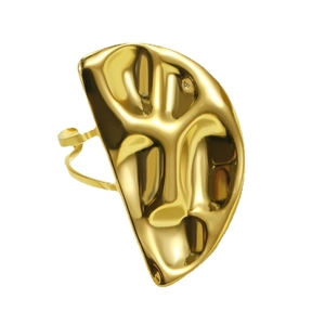 Artistic gold-plated abstract face ring with molten metal texture and adjustable band