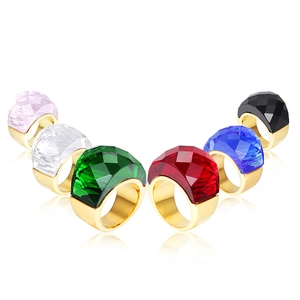 Golden stainless steel rings with faceted crystals in pink white green red blue and black