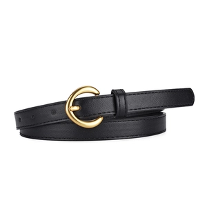 Ceinture fine en cuir PU noir pour femme avec boucle en métal doré en forme de C élégante